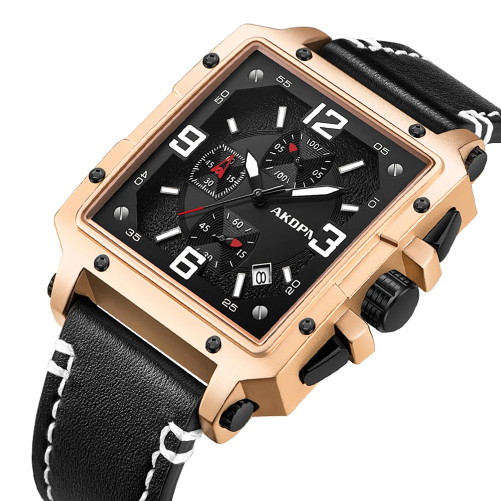 

AKDPN Top Brand Men Squart Watches Quartz Male Wristwatch Luminous Pointer Leather Strap Multi-Function Dial Waterproof Relogio