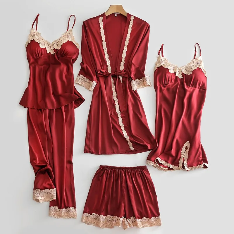 

Gray Wedding 5PCS Robe Suit Summer New Satin Kimono Bath Gown Loose Sexy Lace Trim Sleepwear 3PCS Bride Bridesmaid Bathorobe