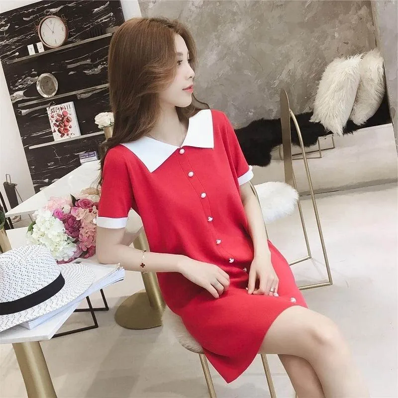 

Summer Button Dresses Fashion Women Sweet Peter Pan Collar Slim A-Line Thin Waist Solid Knitted Dresses AA300
