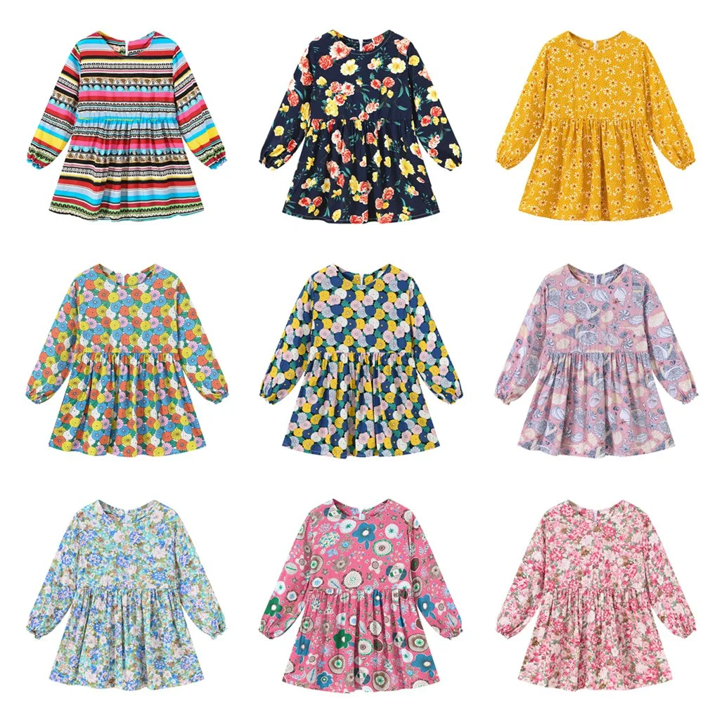 

Newborn Baby Girl Clothes Floral Print Dress Round Neck Mixed Color Striped Long Seleeves Back Zipper Tutu Shirts For Children