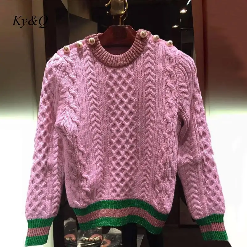 Женский пуловер с жемчужинами розовый вязаный джемпер в полоску на пуговицах