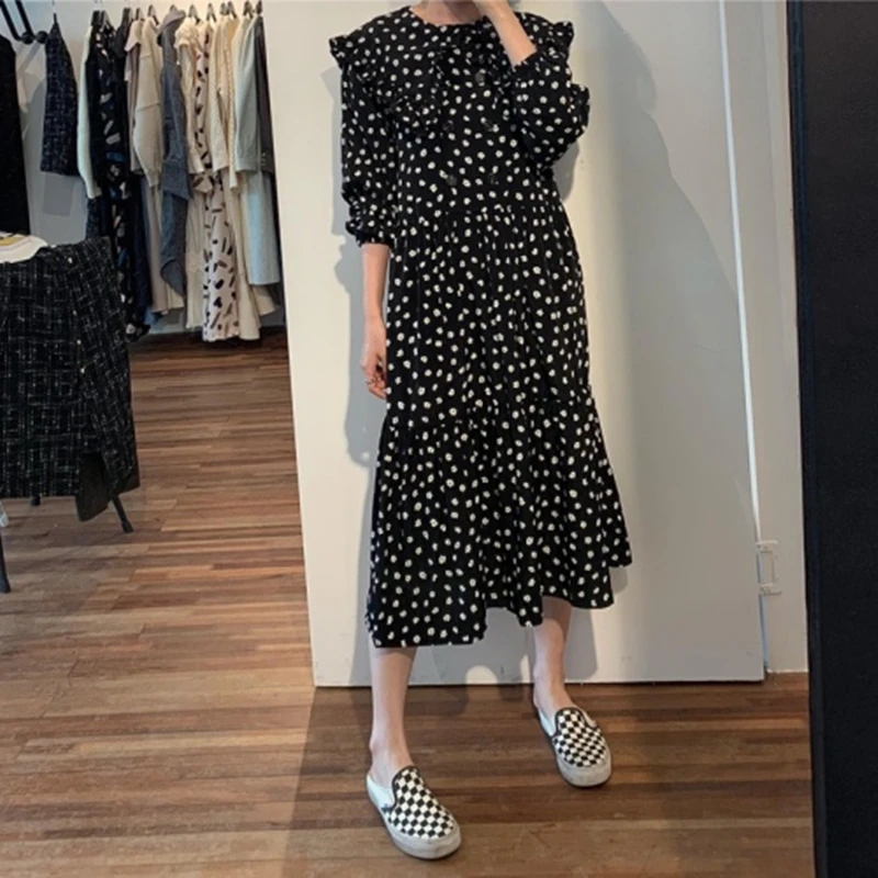 Женское плиссированное платье макси в горошек повседневные свободные платья до