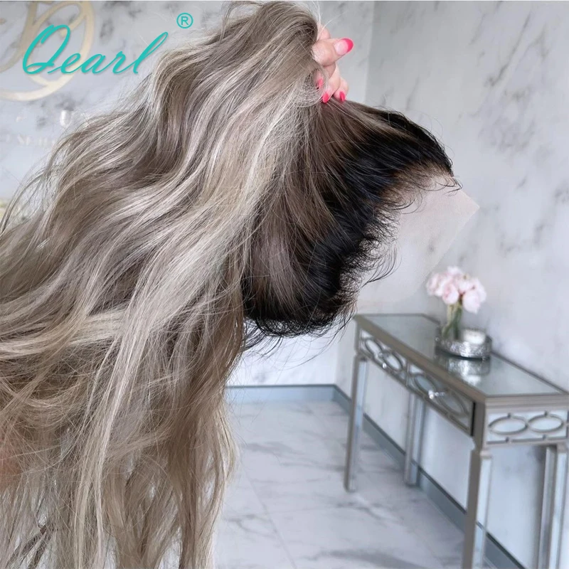 

Human Hair Lace Front Wig Ombre Light Grey Frontal Wig Blonde Highlights Colored 13x4/13x6 Natural Wave Remy Hair 150% QEarl