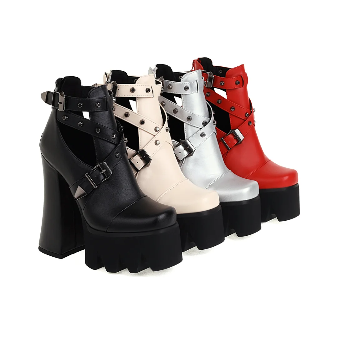

Belt Buckle Cross Strap Metal Rivet Street Women's Boots Waterproof Platform Ultra-High Heel Hollow Breathable Ankle Boots