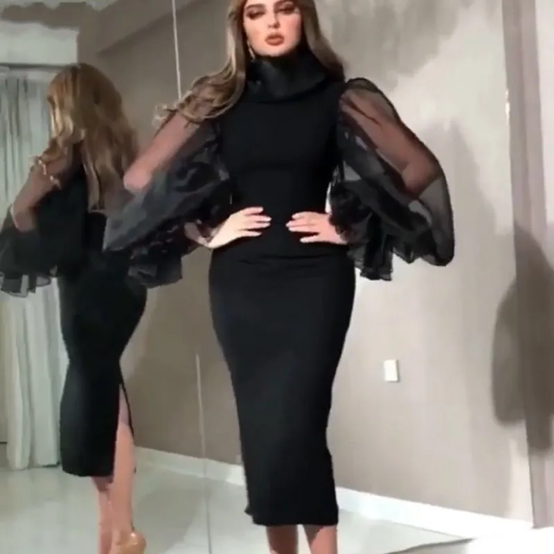 

New Organza Black Tea Length Evening Dress Women Party Gowns vestidos Abiye Puffy Sleeves Prom Dresses Robes de soire