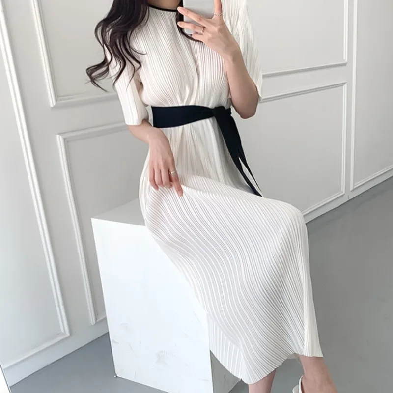 

JSXDHK Runway Designer Koreay Chic Summer Midi Dress Elegant Women's Short Sleeve Lace Up Dress Loose Pleated White Vestidos