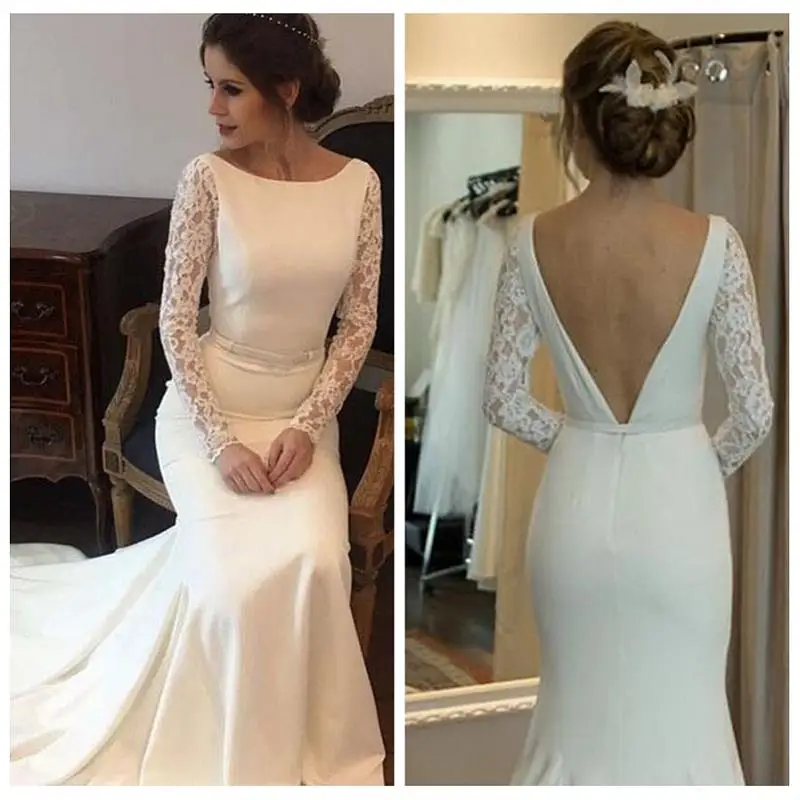 

Modest Mermaid Satin Wedding Dresses 2021 vestidos de novia Long Sleeve Wedding Gowns Open Back Handmade Bridal Dress