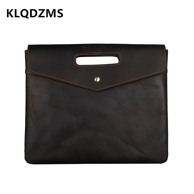 KLQDZMS New Men's Handbags Distinctive Button Briefcase Men Genuine Leather Bags Simple Male Business Briefcases