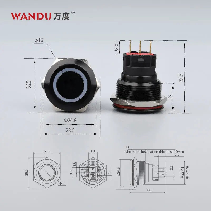 WD22mm водонепроницаемый IP67 оксид алюминия светодиодный металлический кнопочный