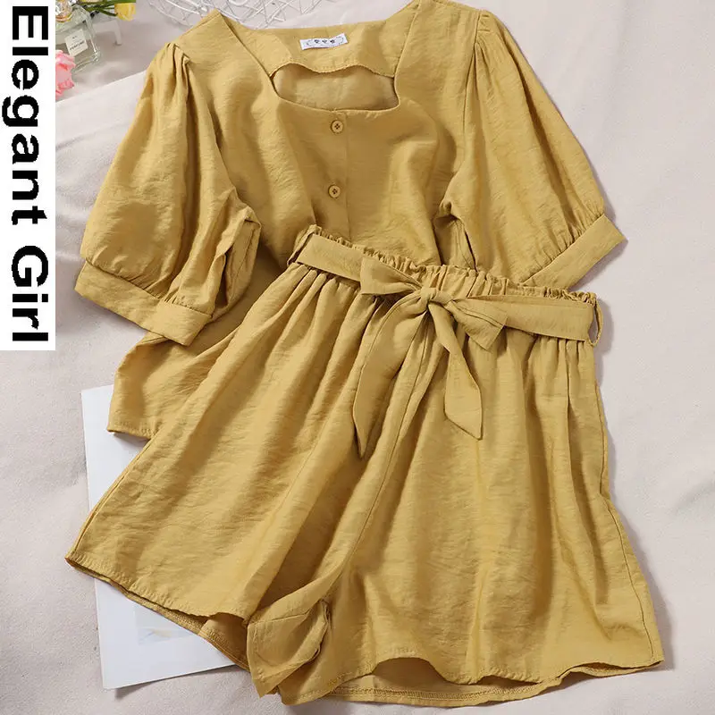 

Women's Summer Thin Short Shorts Suit New Korean Style Square Collar Puffy Sleeve Top High Waist Wide Leg Shorts Two-piece Suit