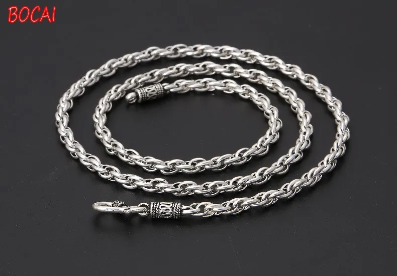 Real S925 Sterling Silver Jewelry Vintage Thai Silver 4mm Twisted Hemp Rope Simple Men's Personality Domineering Necklace