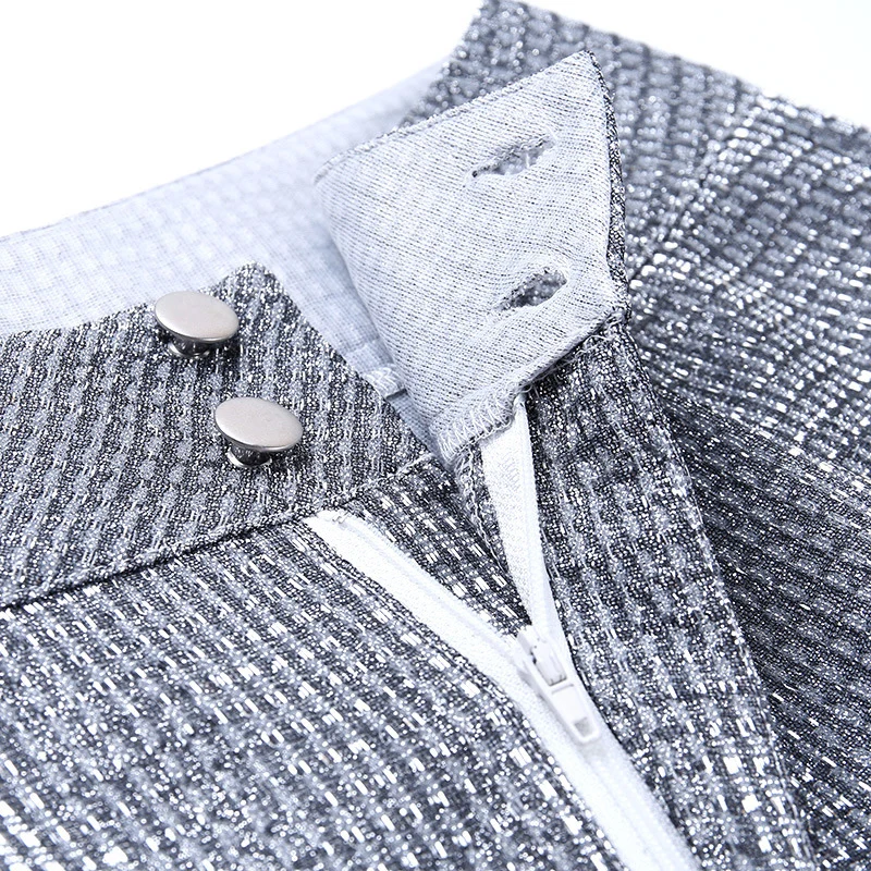 

Women Glitter High Waist Pants Solid Zip Botton Wide Leg Patns Spring Fashion Long Trousers Pantalon Femme