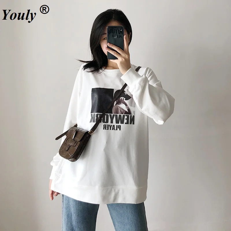 Kawaii Womens Loose Streetwear Sweatshirts 2021 Autumn Hooded Simple All-match Leisure Oversize Pullovers Korean Style Warm Tops