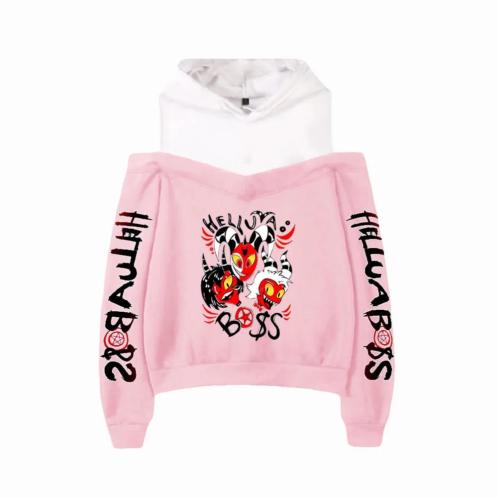

Anime Helluva Boss Off-shoulder Hoodies Sweatshirt 2021 Printed Women Casual Autumn Pullovers Kawaii Pink Jacket Clothing