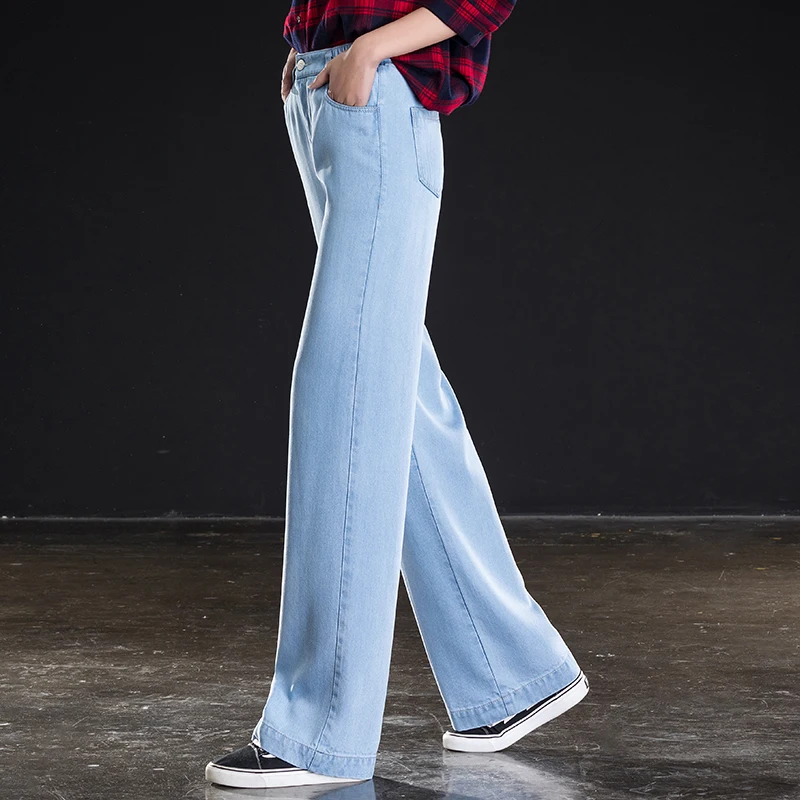 Женские джинсовые брюки с широкими штанинами синие эластичные свободные высокой