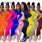 Повседневный розовый комплект из двух предметов с принтом, женский спортивный костюм, однотонная куртка с длинным рукавом и капюшоном на молнии, штаны для бега, спортивный костюм