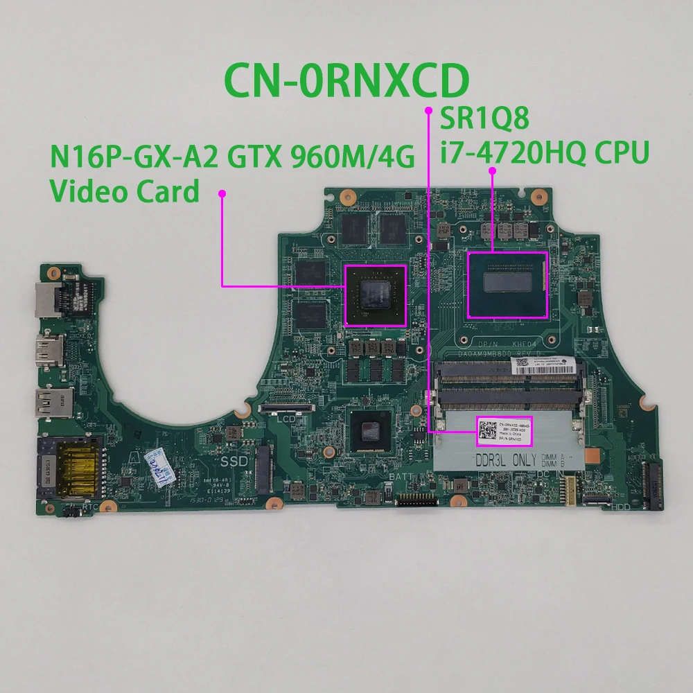 

for Dell Inspiron 7557 RNXCD 0RNXCD CN-0RNXCD w i7-4720HQ CPU 960M 4G GPU DA0AM9MB8D0 Laptop Motherboard Mainboard Tested