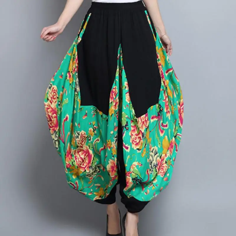 

HOT / Summer Women New Fashion Personalized Ethnic Printed Wide Leg Pants Carrot Casual Pants / XL-3XL