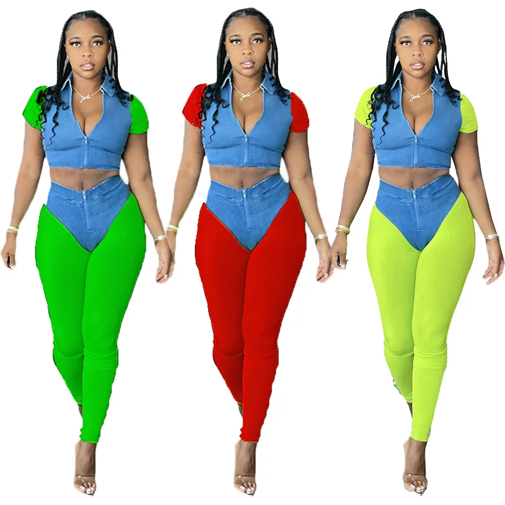 

Fitness 2 Piece Set Women Fake Denim Print Zipper Up Short Sleeve + High Waist Skinny Legging Matching Jogger Set Sporty Suit