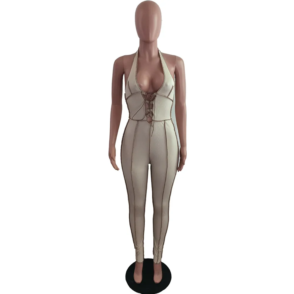 

Lace Up Drawstring Striped Rompers Womens Jumpsuit Summer Halter Backless One Piece Catsuit Activewear Workout Slim Bodysuits