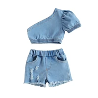 lioraitiin 0 4years toddler baby girl fshion summer clothing set one shoulder top shirt hole demin shorts 2pcs outfit
