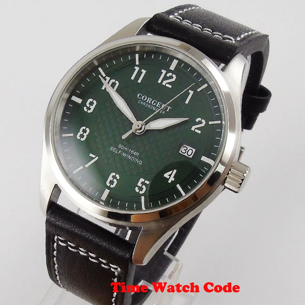 

Automatic Men's Watch NH35A Movement Date Window Green Dial Brushed Leather Strap Lume Hands Mechanical Watches 40mm Corgeut