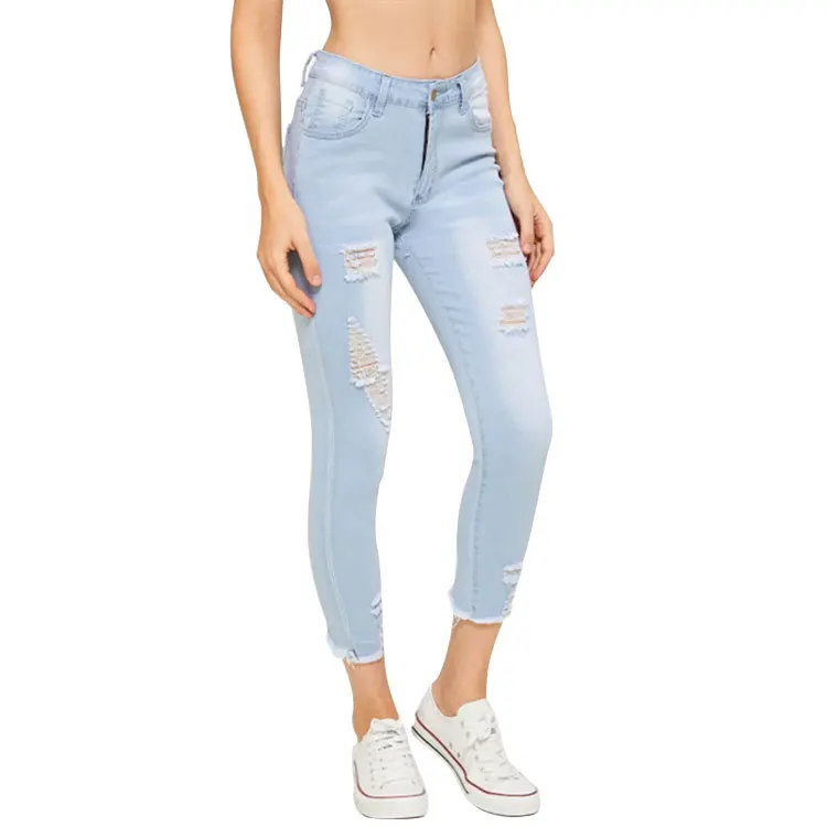 

jeans fabric Casual Hole Ripped Bleached Vintage women jeans DM001