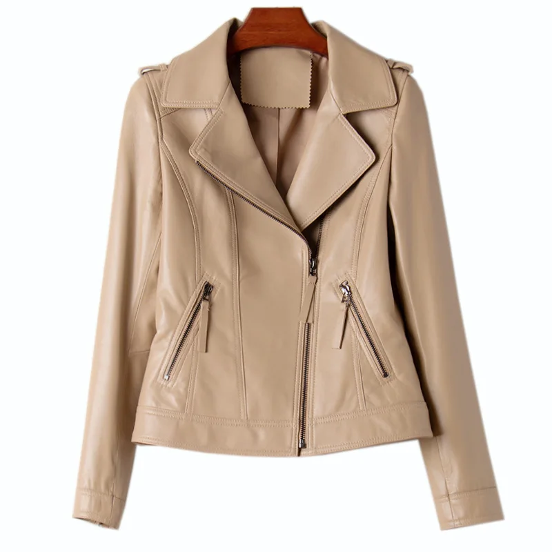 

Commuter motorcycle sheepskin coat women's fall / winter new short slim Lapel long sleeve leather jacket