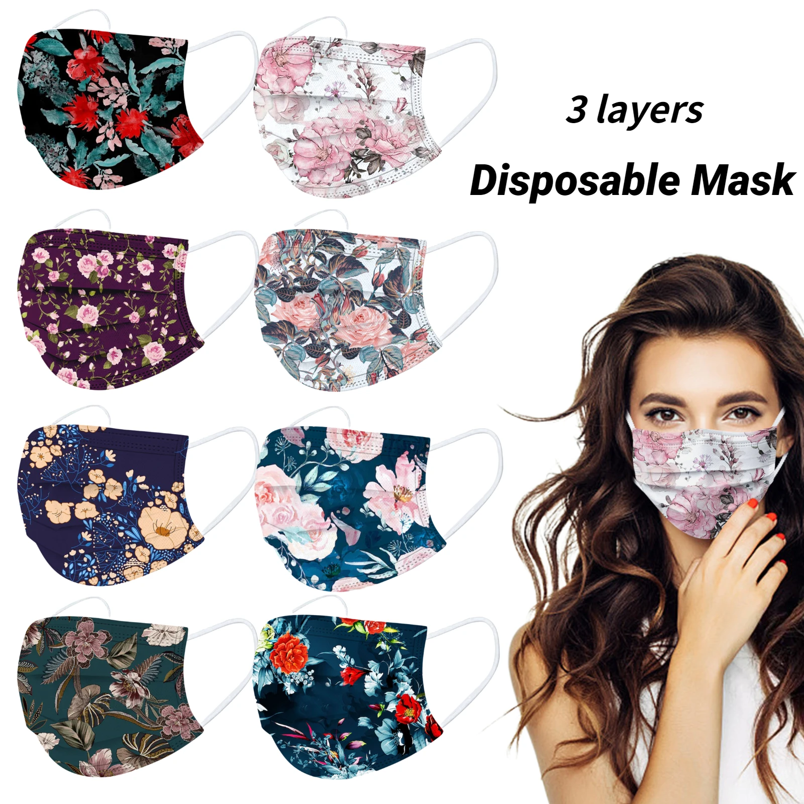 Маска одноразовая трехслойная Защитная для лица с цветочным принтом 10/50 шт. |