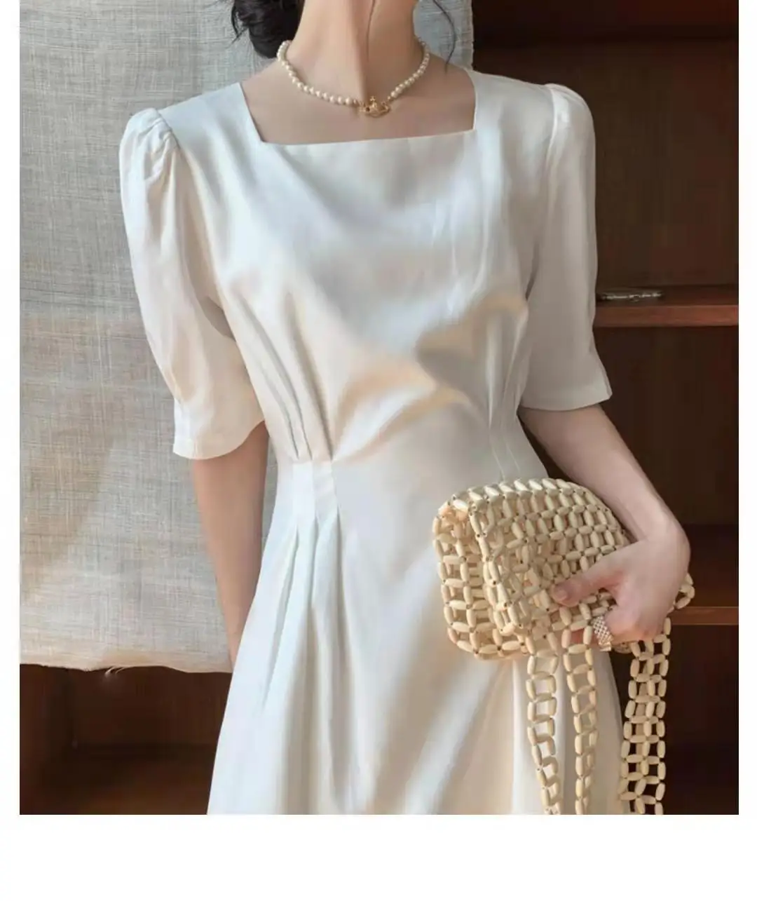 

White dress female summer 2021 new square collar puff sleeve waist was thin French retro dress vestido midi elegante