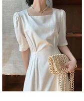 white dress female summer 2021 new square collar puff sleeve waist was thin french retro dress vestido midi elegante