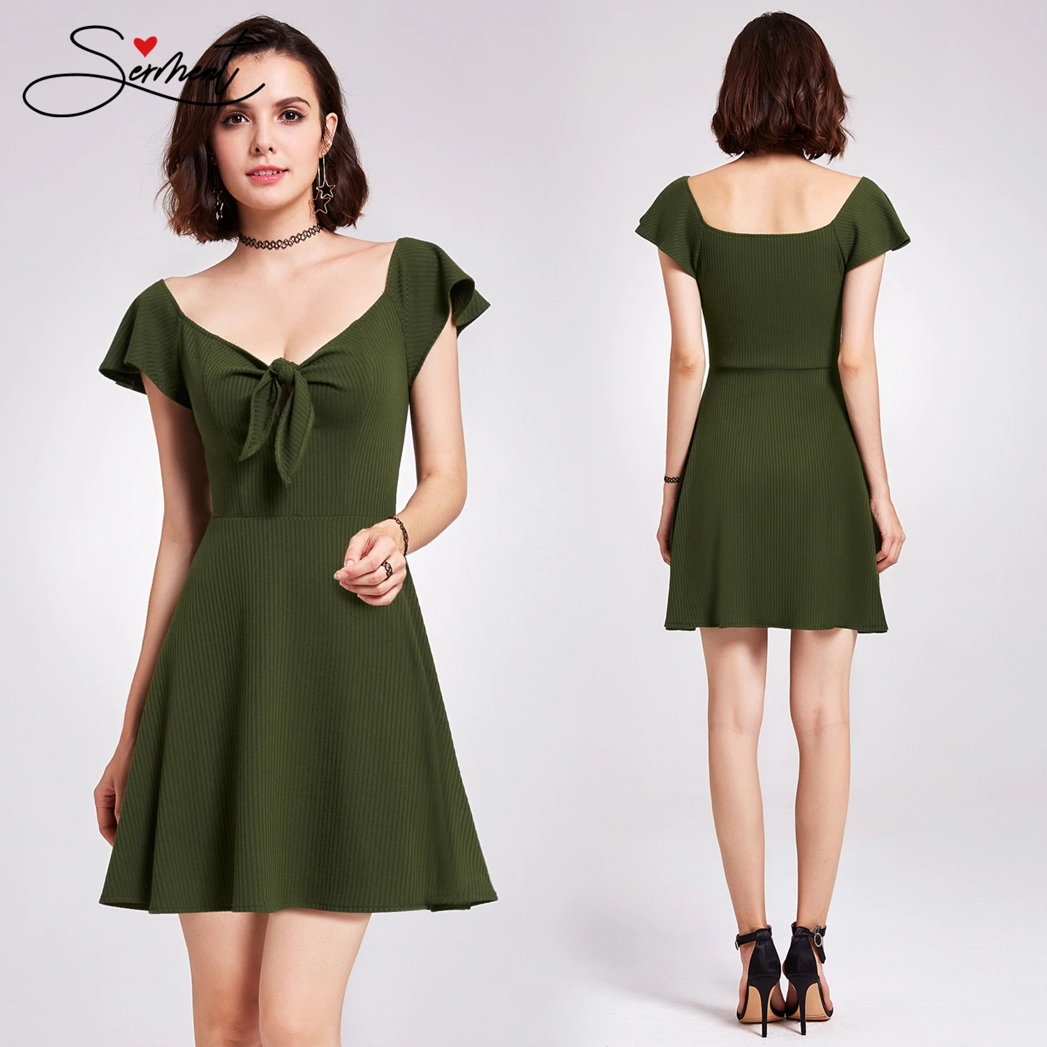 Новое Элегантное женское вечернее платье летнее зеленое короткое с V-образным