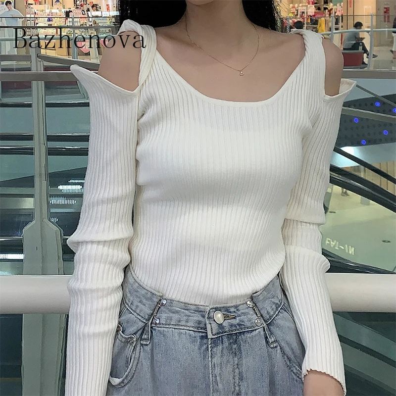 

Bazhenova women sexy off-the-shoulder sweaters ladies elegant hollow out knitted tops girls elegant round neck skinny to R1148