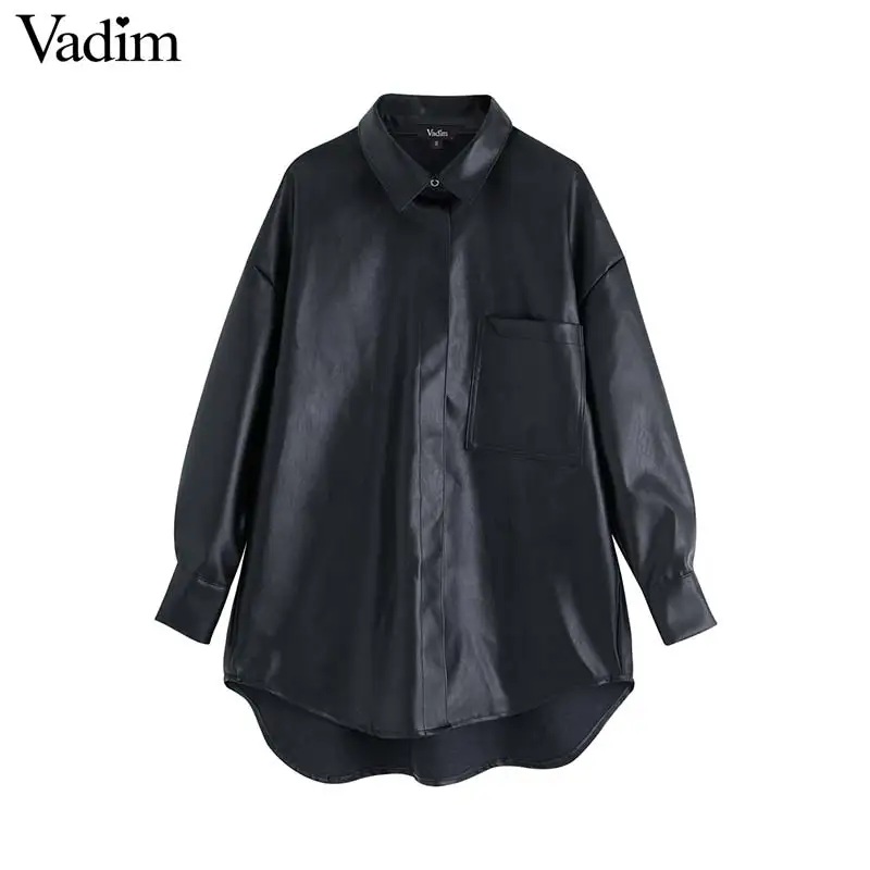 Vadim Женская Черная блуза из искусственной кожи большой стиль карман с длинным