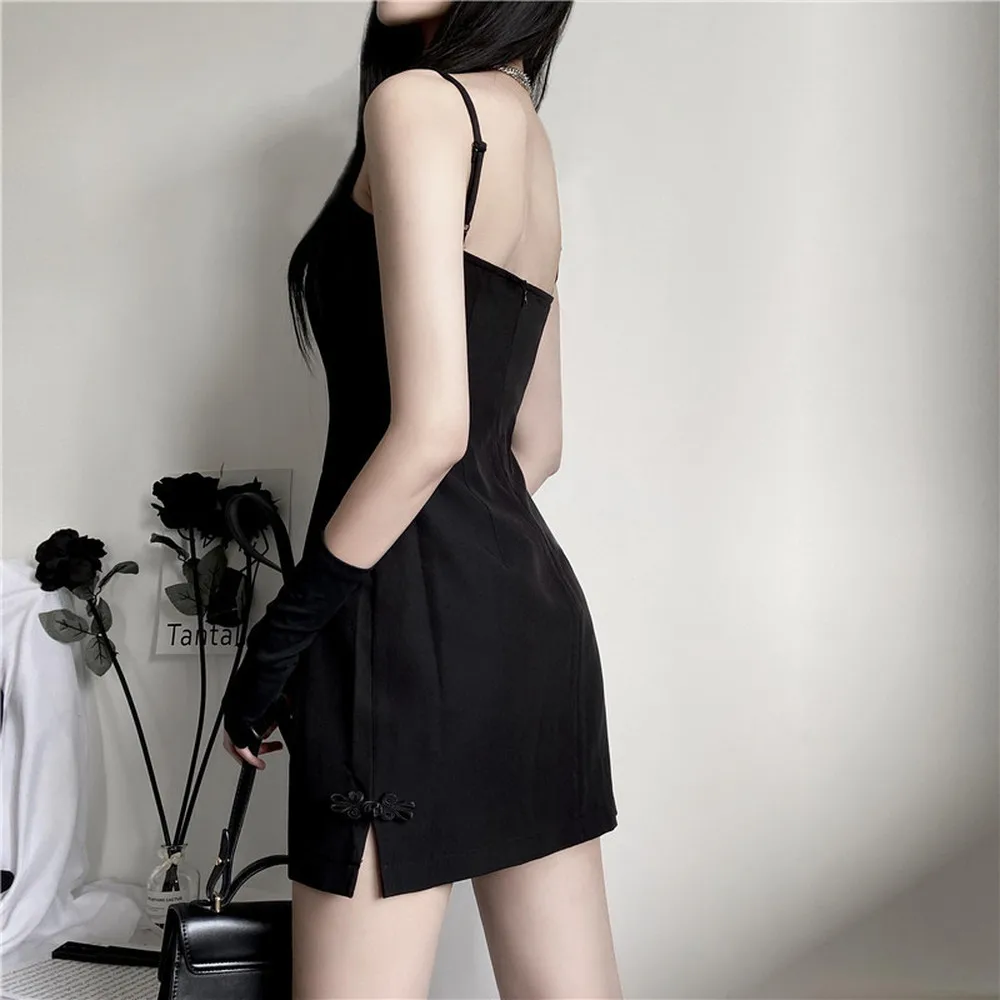 

Party Vintage Women Off Shoulder Spaghetti Strap Split Cheongsam Button Black Mini Elegant Dress Bodycon High Waist Gothic 2020