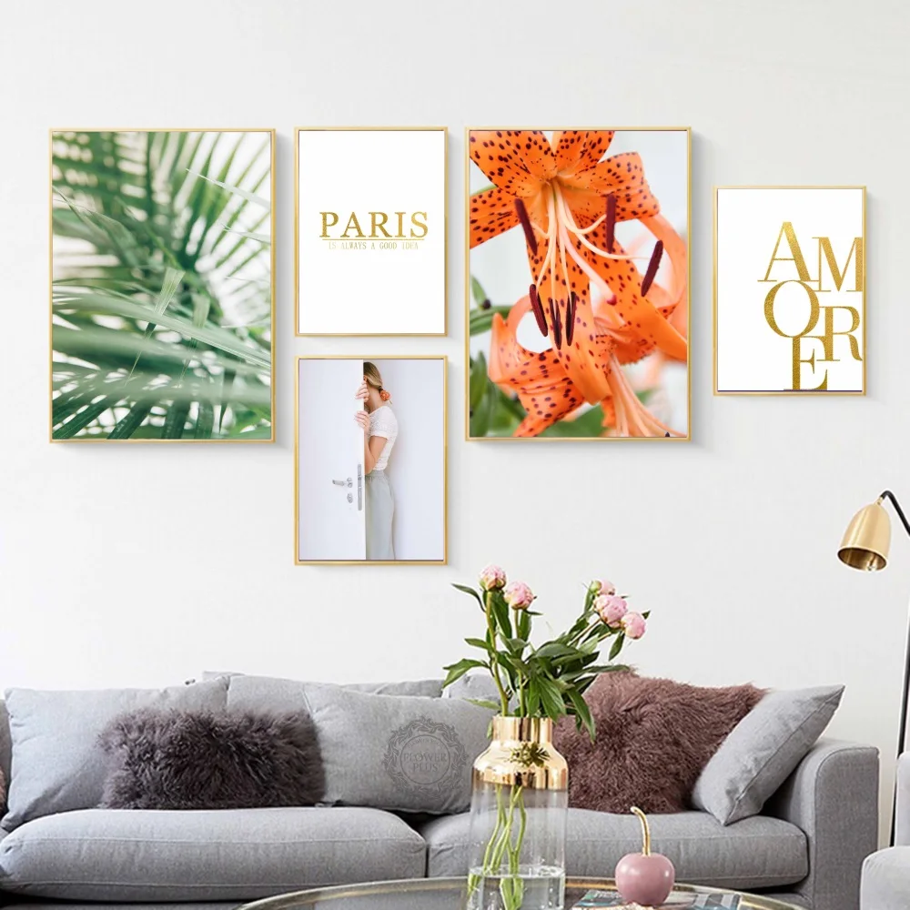 Картина с оранжевыми цветами зелеными растениями настенные художественные