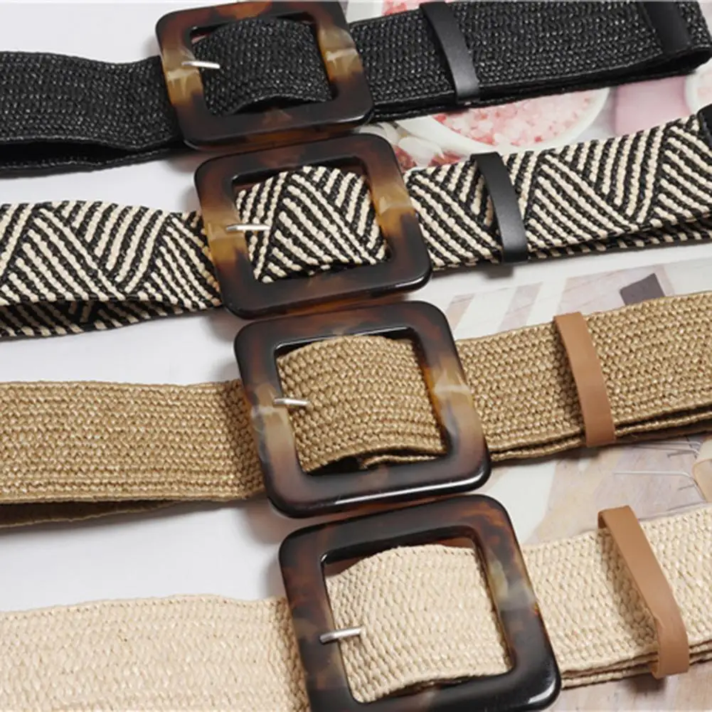 

Women Casual Ultra Wide Belt Female Woven Vintage Belt Woven Stretch Elastic Straw Belt Dress Waist Band Carved Wood 20201