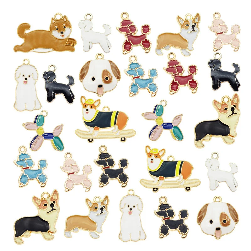 Julie Wang 13PCS Enamel Dog Charms Mixed Corgi Poodle Teddy Shiba Alloy Animal Pendants Jewelry Making Necklace Accessory |