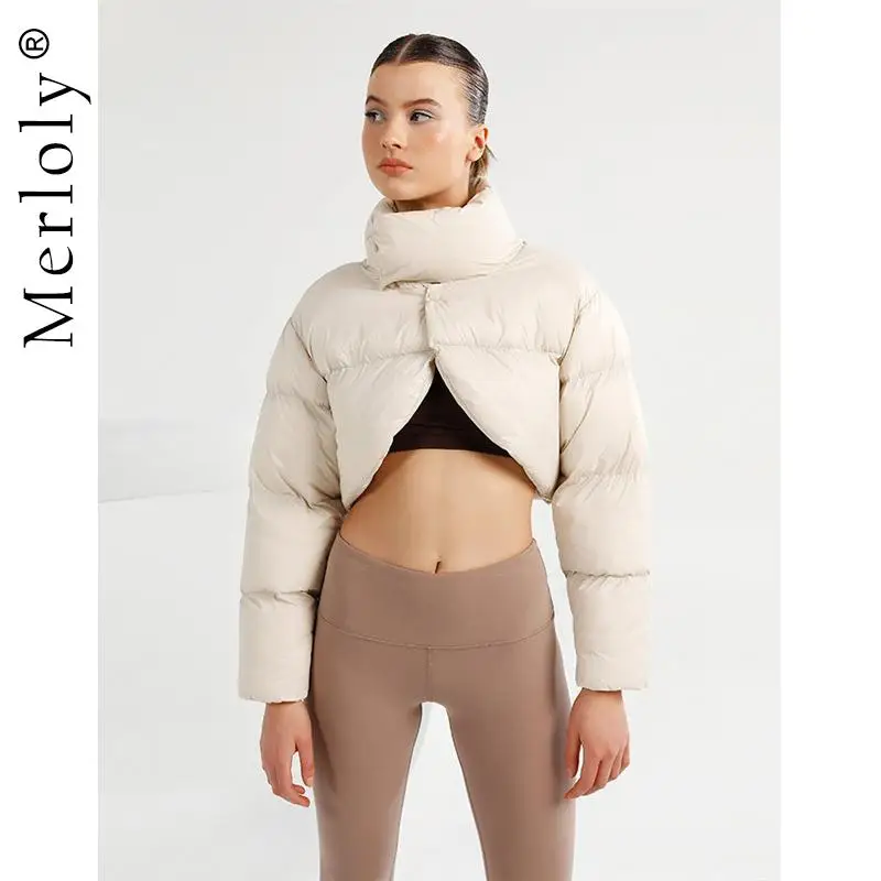 

Winter Women Warm Sexy Cropped Cotton Parkas Jackets Stand Collar Long Sleeve Button Thick Coats 2021 Fall Harajuku Y2K Clothes