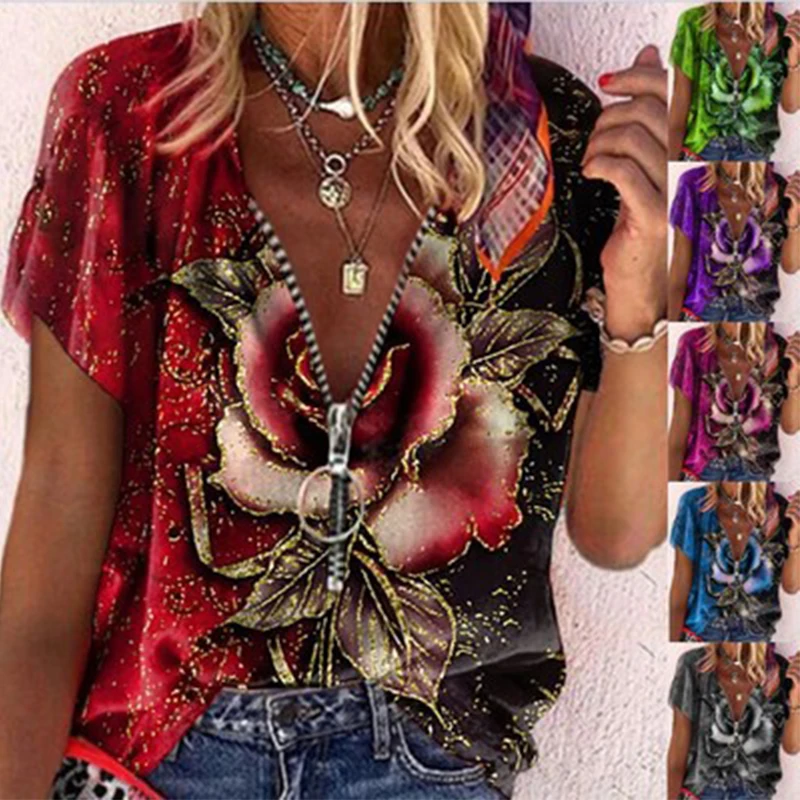 

Tops t shirt women 2021 spring summer zipper short sleeve printed t-shirt Anime Blouse gothic clothes bt21 btses goth crops top