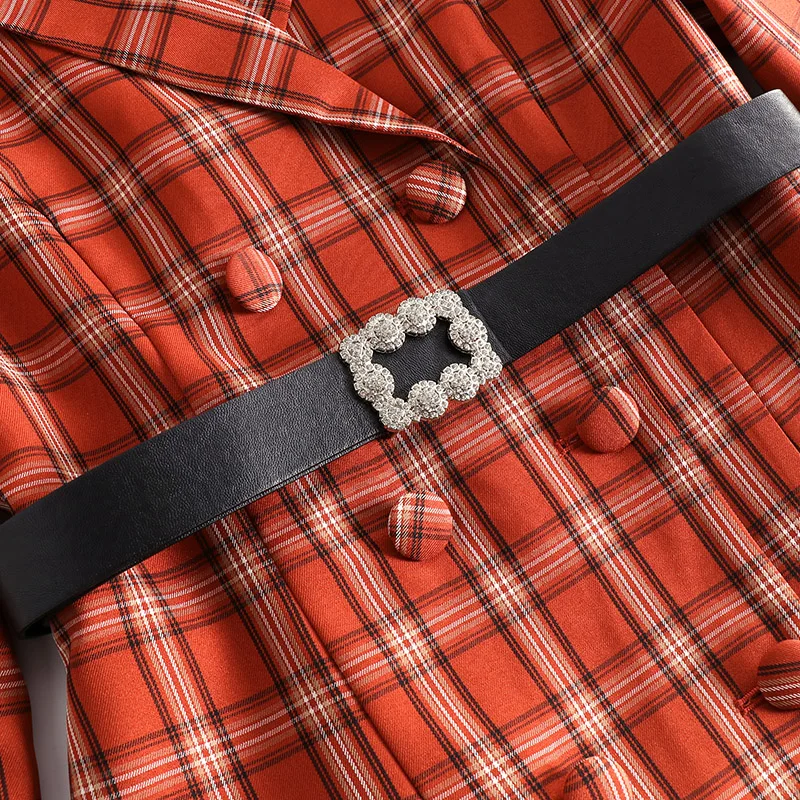 

Spring Autumn Vintage Plaid Women Dresses Elegant Fashion Notched Collar Long Sleeve Sashes Slim Office Lady Work A-line Dress