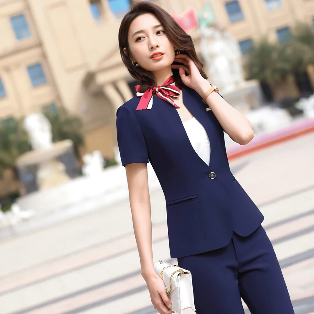 

Female Women Suit Business Formal Suits with Pants and Jackets Ladies Office Uniform Work Wear Short Sleeve Blazer Two-piece set