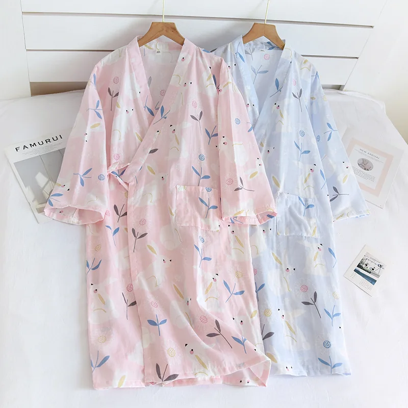 

New Japanese Kimono Robe Ladies Spring And Summer Cotton Gauze Thin Cartoon Bathrobes Steaming Pajamas Night Robe Home Service