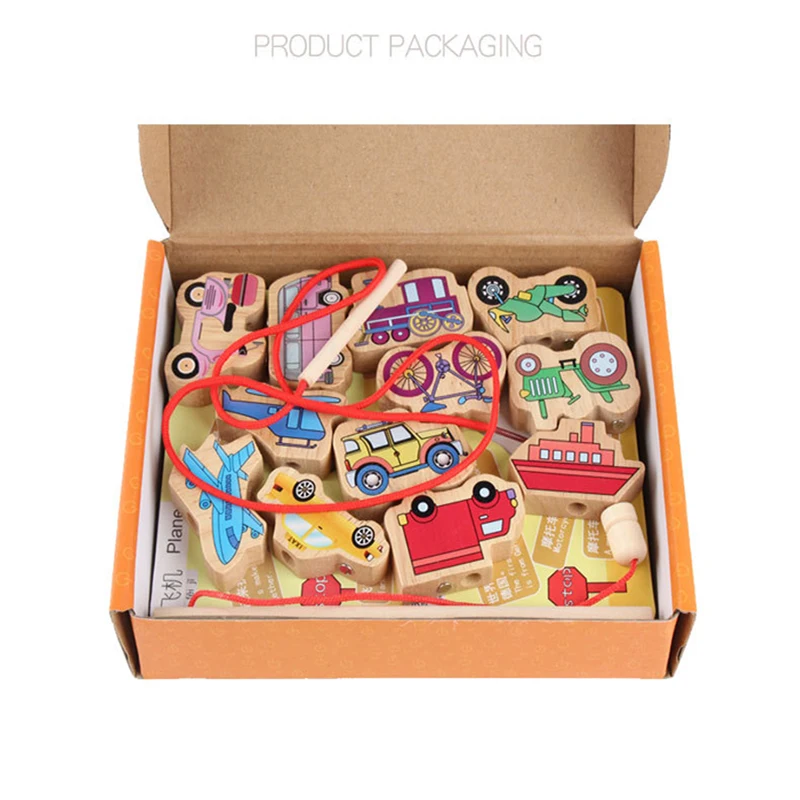 

Wooden puzzle building blocks shape paired beaded rope stacks high fishing fun traffic marine animals children's toys gifts