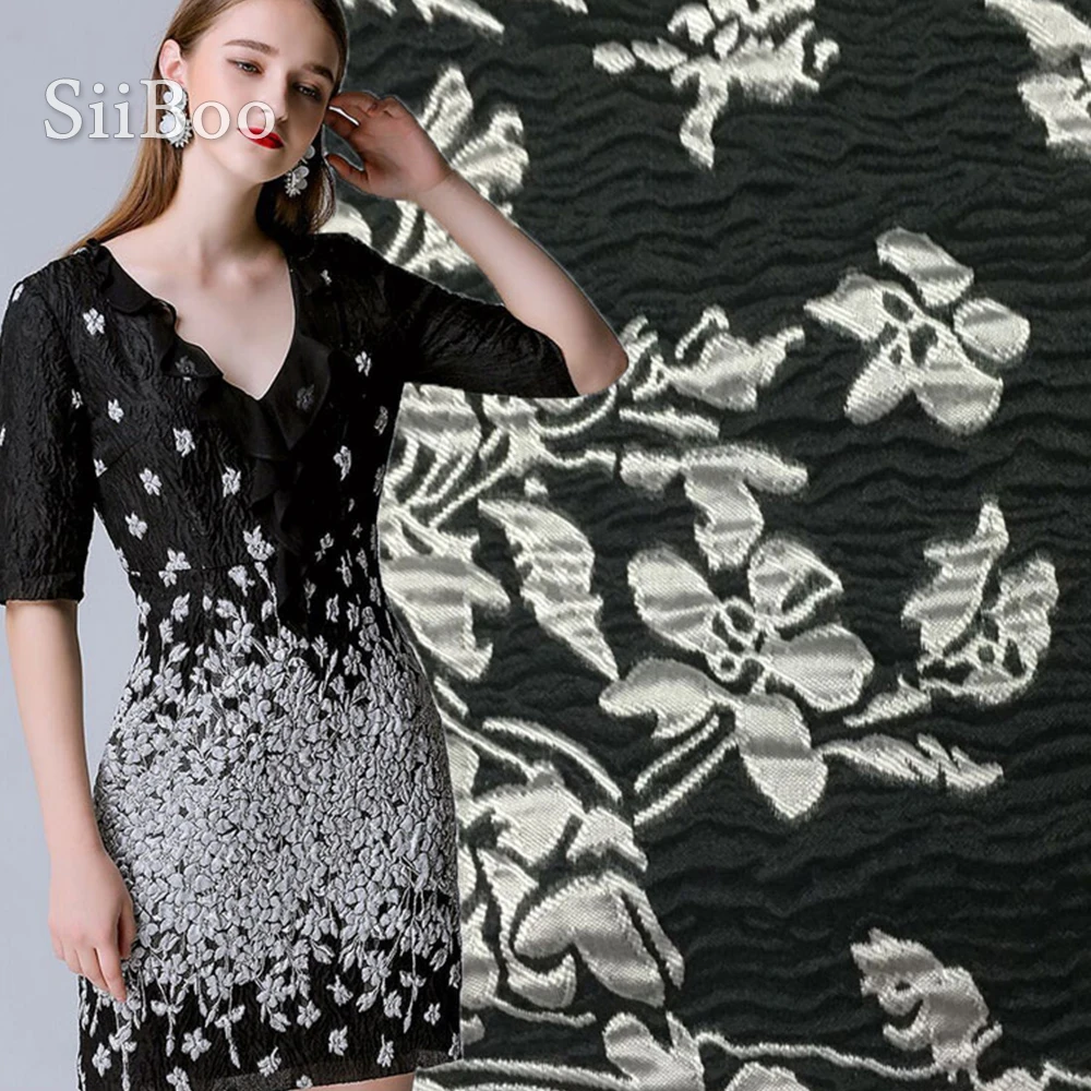 

Small wholesale France style elegant black grey embossed floral jacquard brocade fabric for dress coat tissu tecidos yarn SP4843