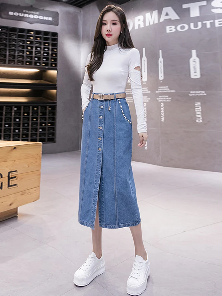 

New Arrival High Waist Slit Denim Skirt Female Midi A-Line Hip Skirt Spring Korean Elegant Fashion Single Breasted Denim Skirts
