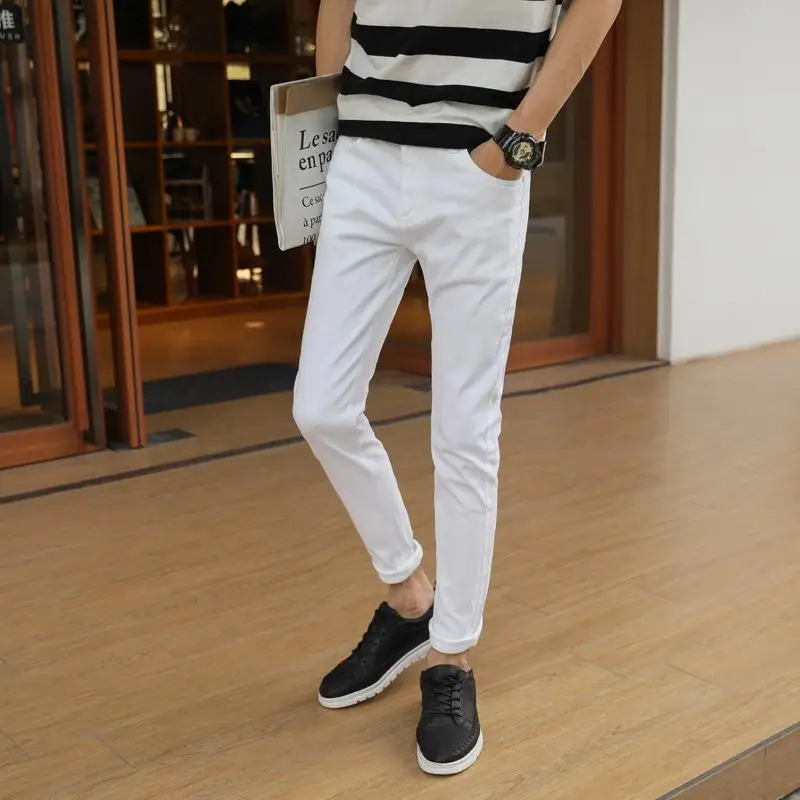 

2019 Spring Summer New Fashion Men Casual Stretch Skinny Jeans Men Casual Solid Colors Slim Fit White Straight Pants Plus Size