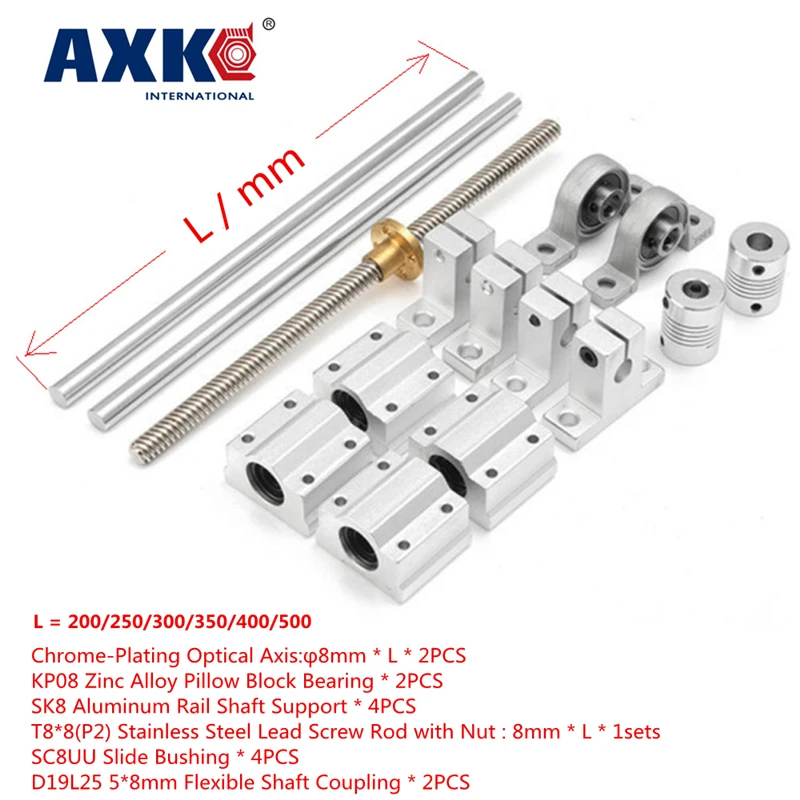 

AXK Sliding Rail Set 8mm 15pcs 200-500mm Optical Axis Guide Bearing Housings Linear Rail Shaft Support Screws for Engraving Lift