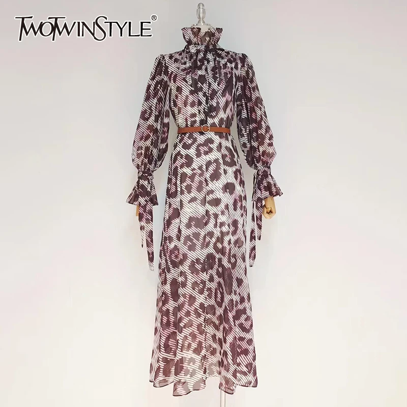 

TWOTWINSTYLE Leopard Slim Vintage Dress Female Stand Collar Gathered Waist Long Sleeve Fashion Dresses For Women Autumn 2021 New