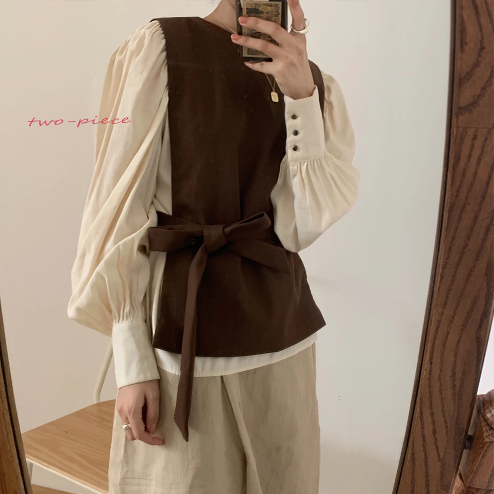 Autumn Winter 2 Two Piece Suit Elegant Outfits Long Sleeve O-neck Loose Blouses Femme and Tank Solid Tops Mujer Korean | Женская одежда